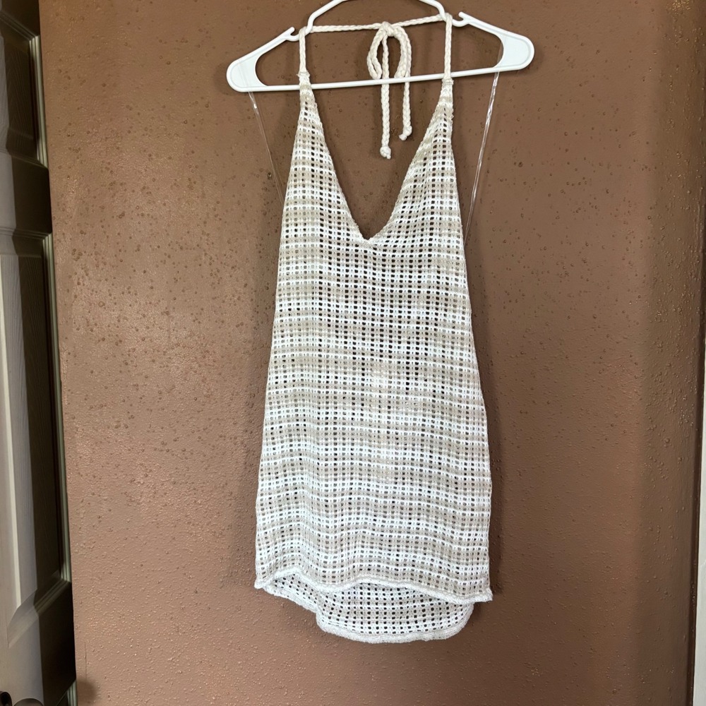 Wild Fable Crochet Halter Mini Dress Cream Tan Striped Beach Cover Up Medium - Picture 3 of 8